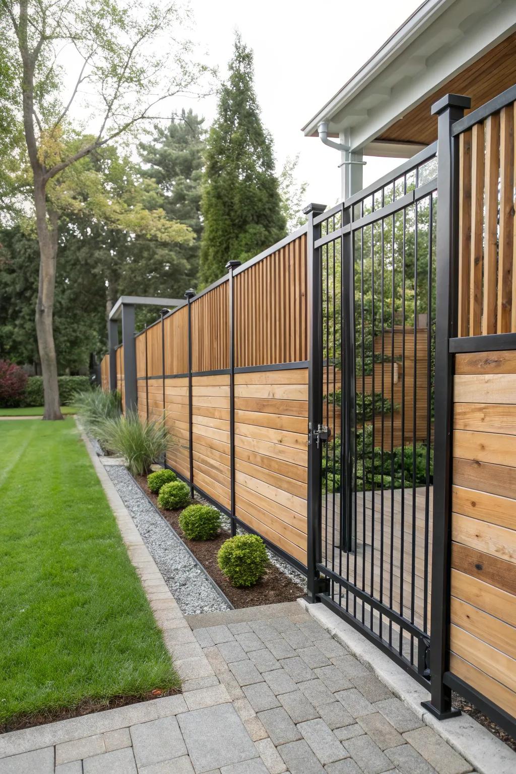 The mixing of materials introduces a distinctive and contemporary flair to wood barriers.