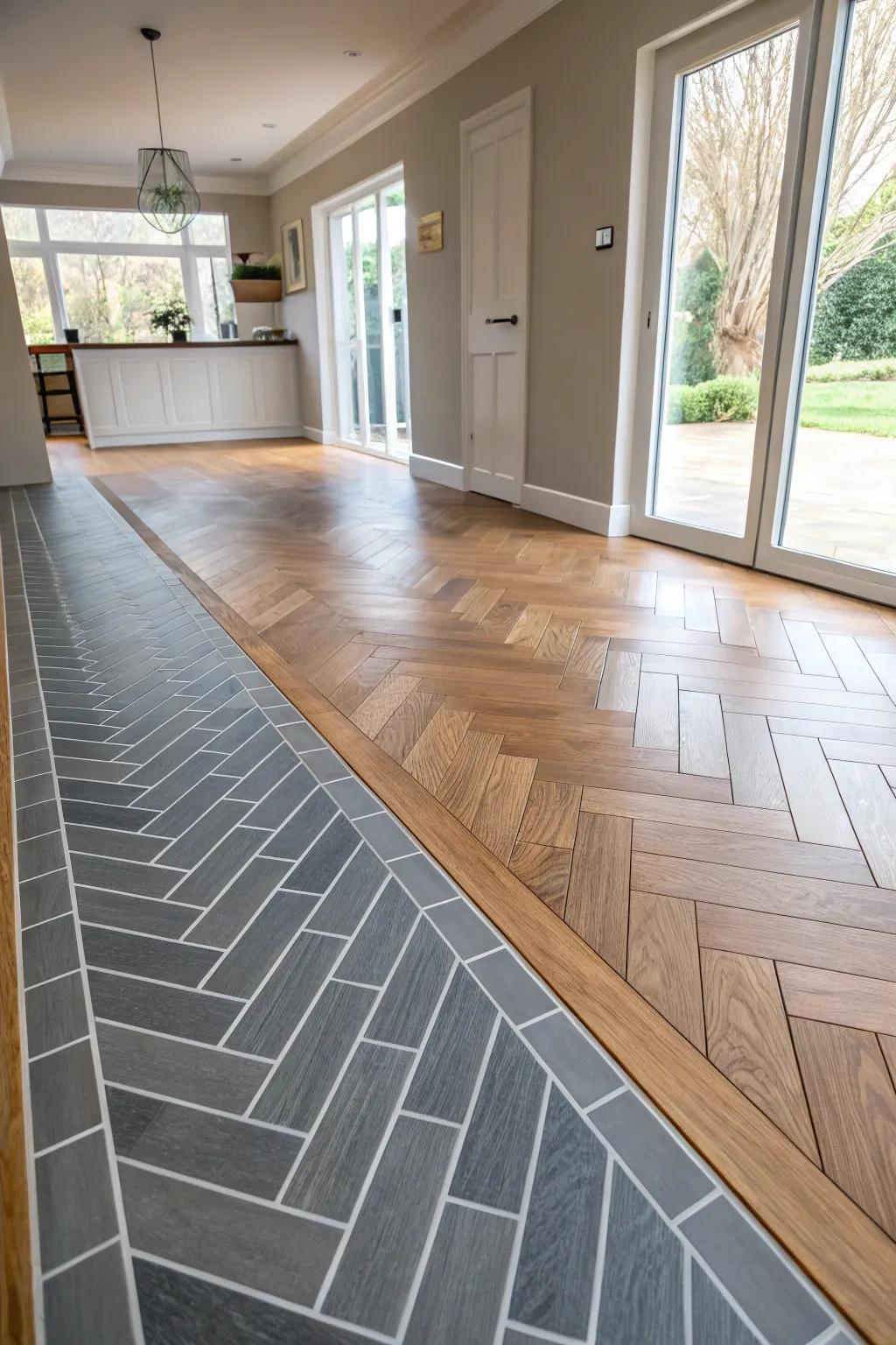 An airy, open-plan area showcasing an arrowhead design flowing from tiled to wooden floors.