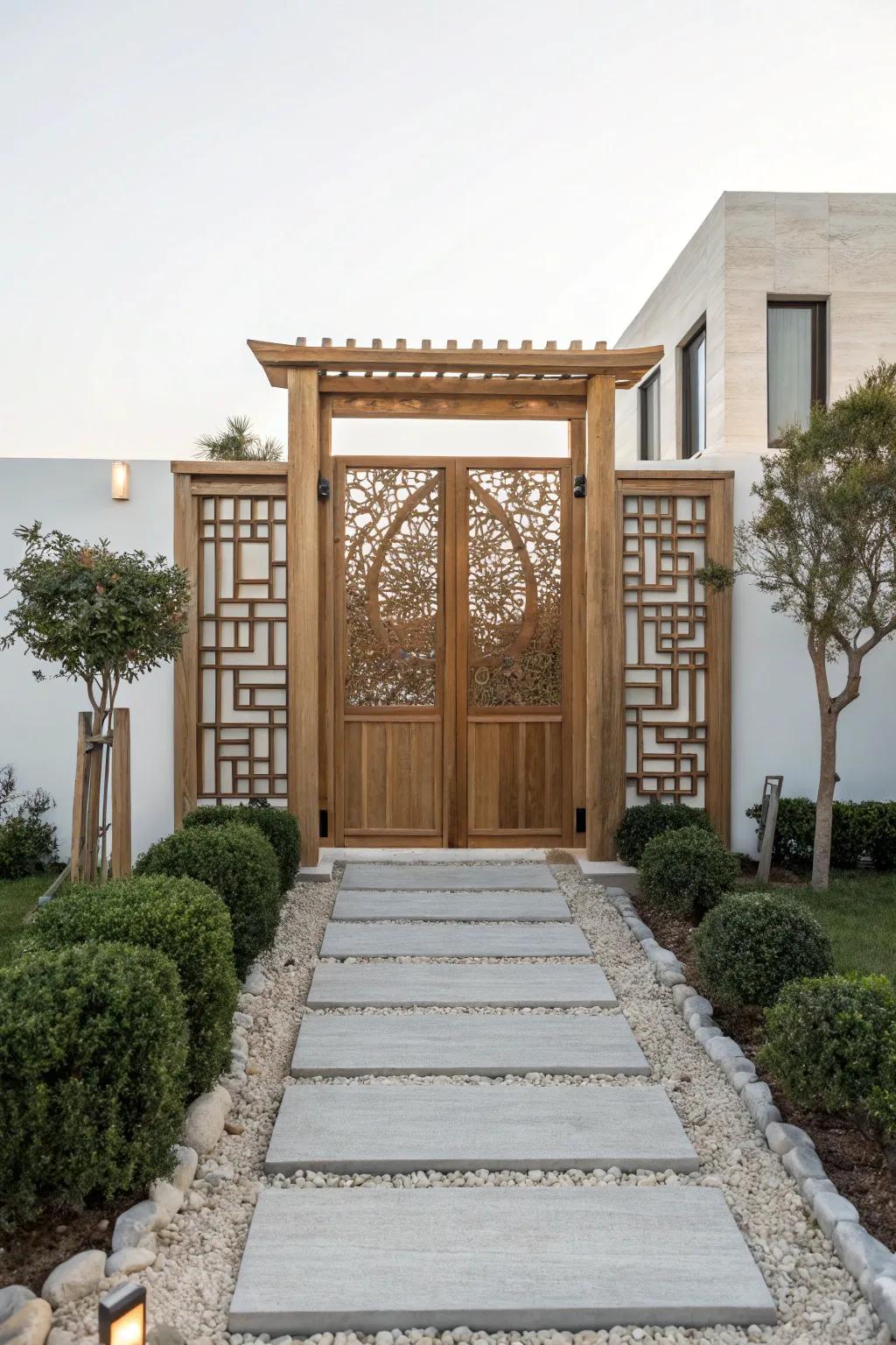 A geometric wood gate adds a contemporary edge to your garden.