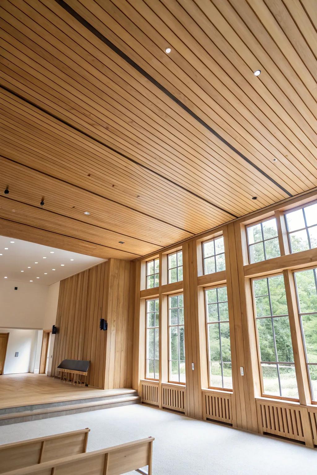 Vertical wood paneling gives the illusion of enhanced ceilings.