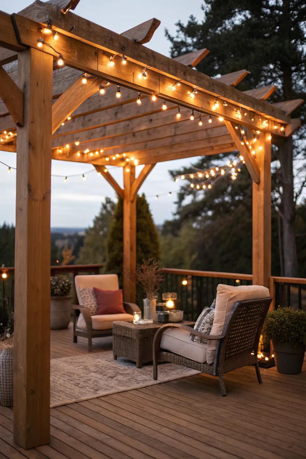 A warmly illuminated patio roof, ideal for unwinding in the evenings.