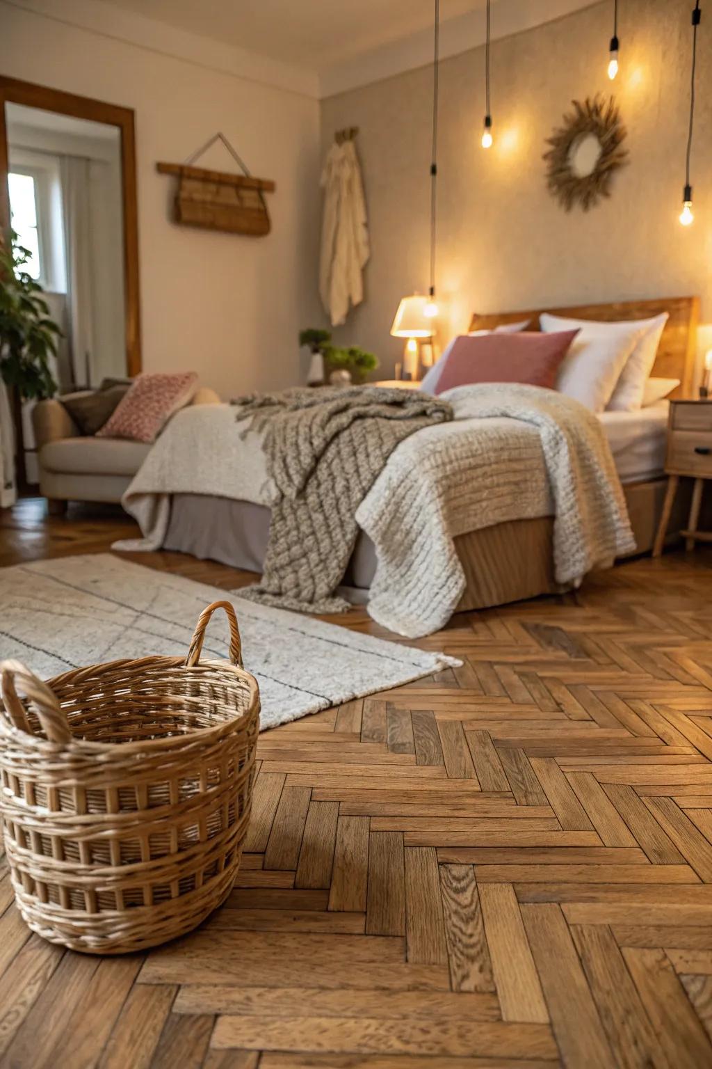 A cozy bedroom showcasing a basket weave wood floor that enriches the space with texture and warmth.