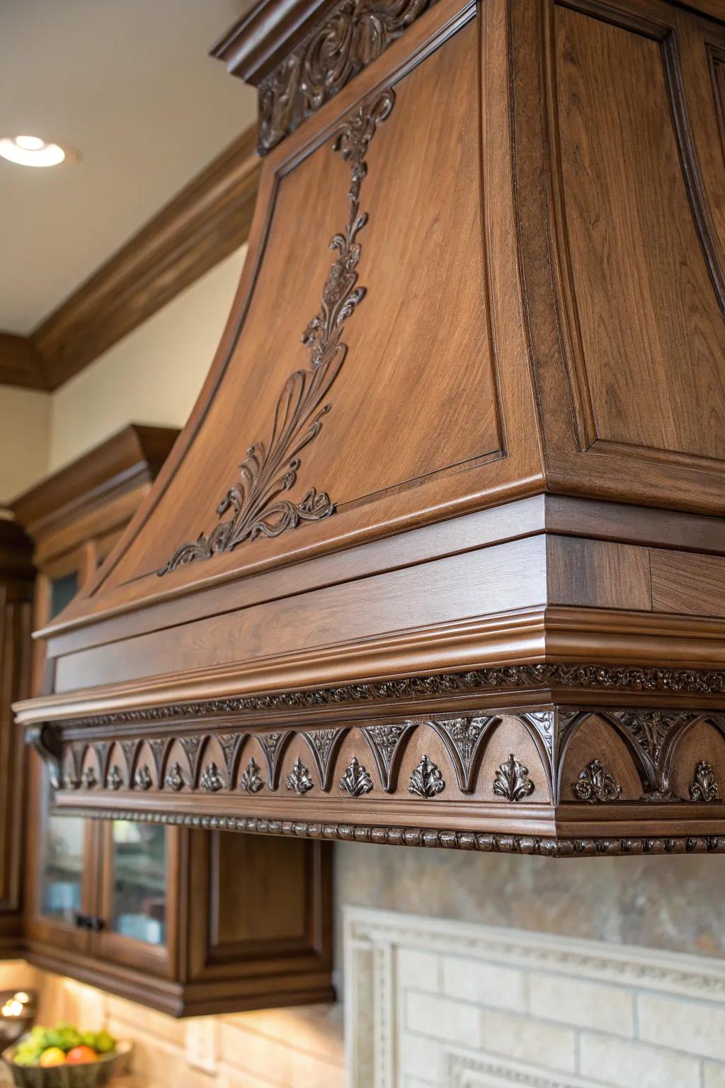 Ornamental moldings contribute classiness to timber chimney hoods.