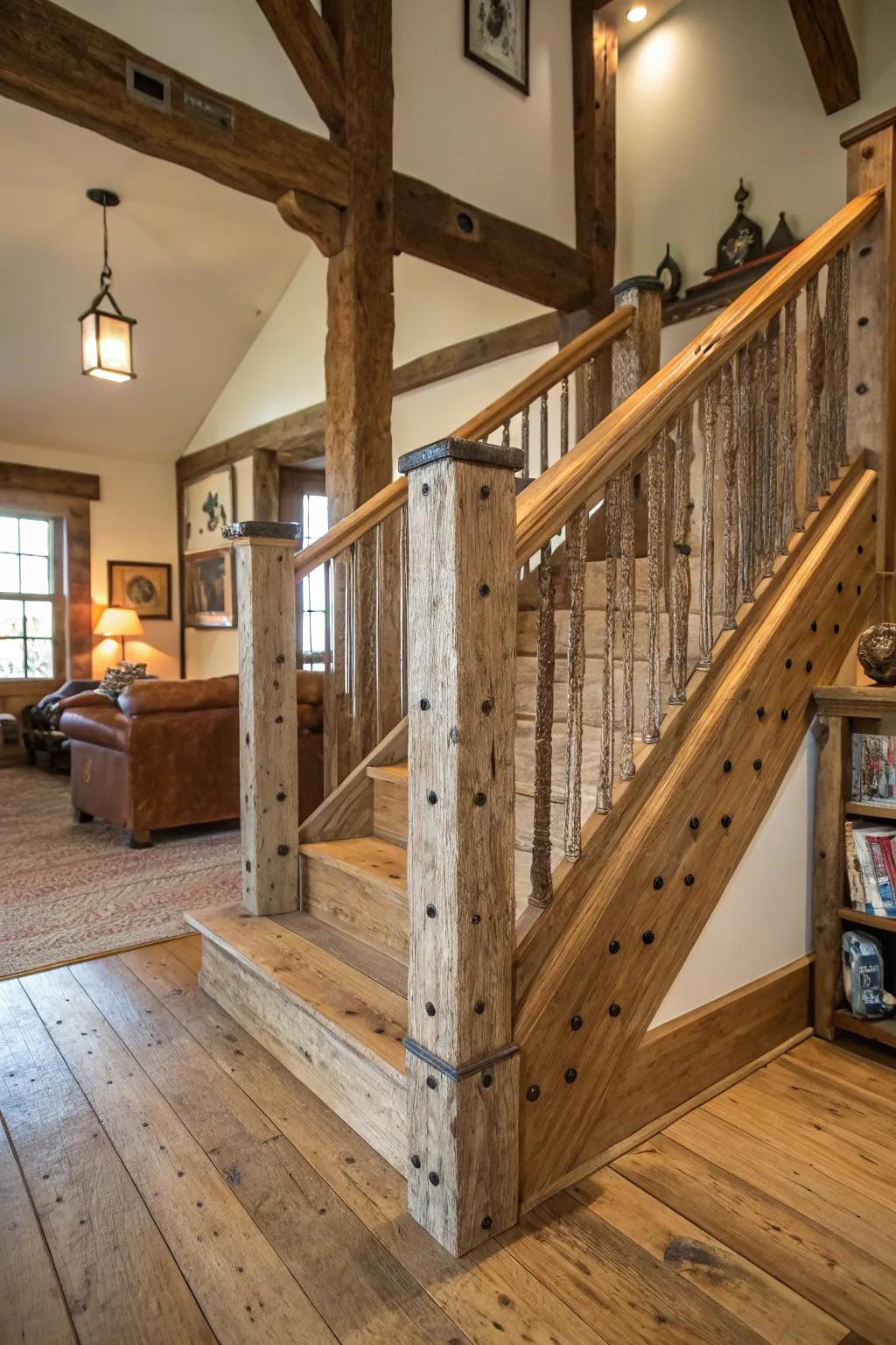 Country charm: reclaimed wood railing brimming with character.
