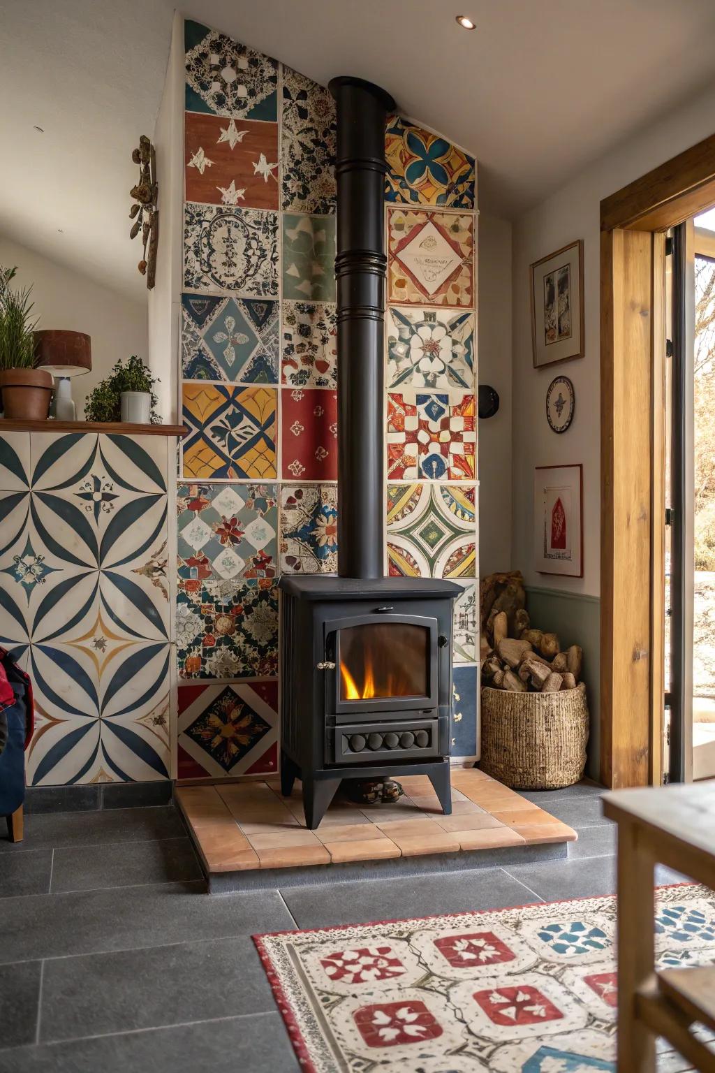 Geometric tiles establish an eye-catching visual center around a wood-burning stove.