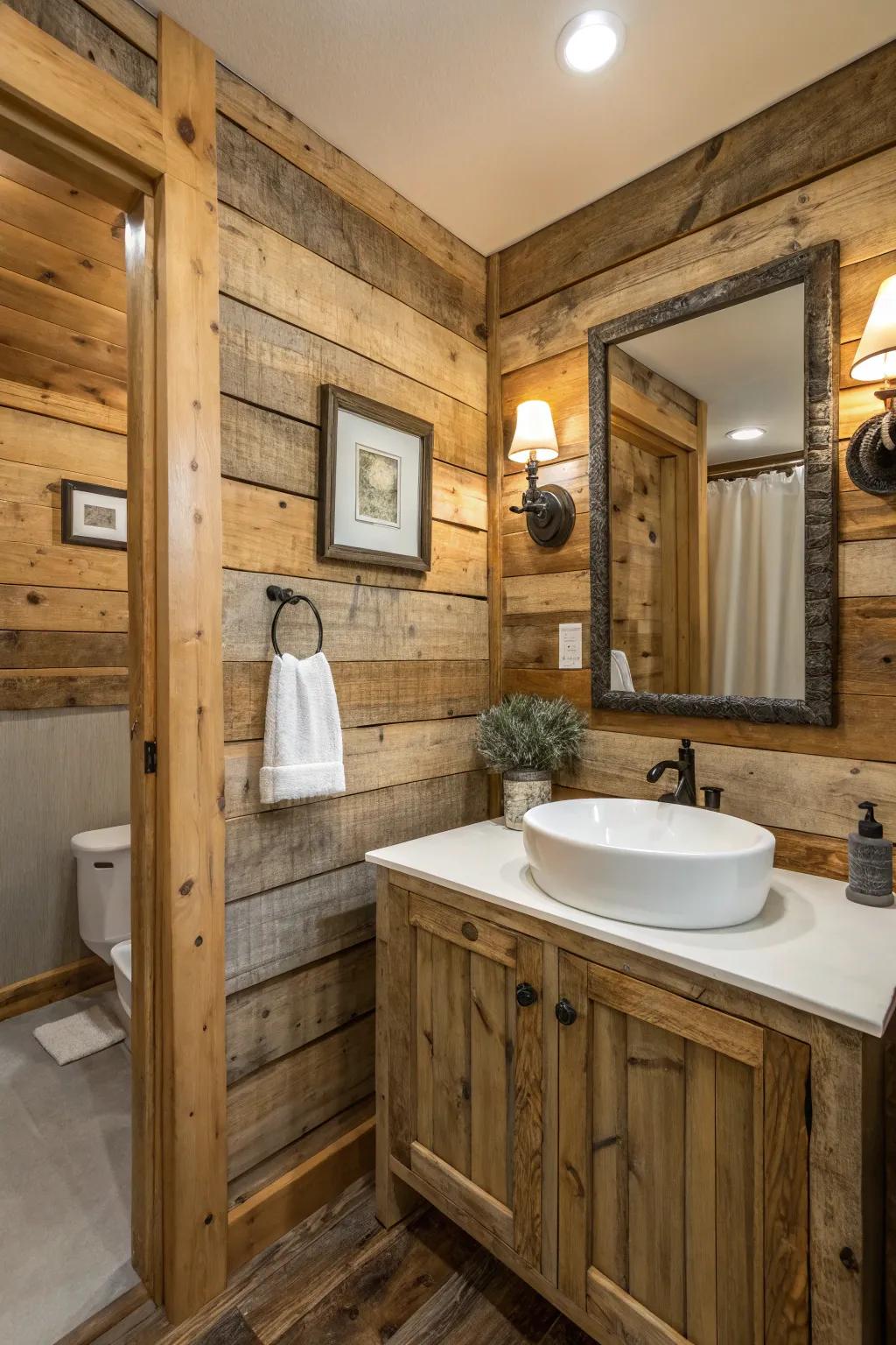 A bathroom displaying the allure of repurposed wood walls.