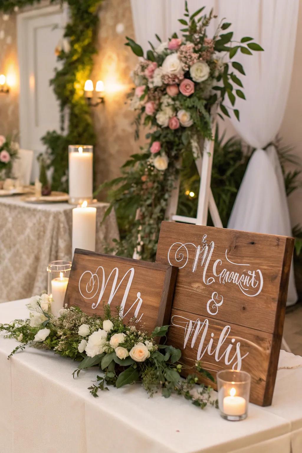 Custom timber plaques introduce a unique flair to any wedding ambiance.