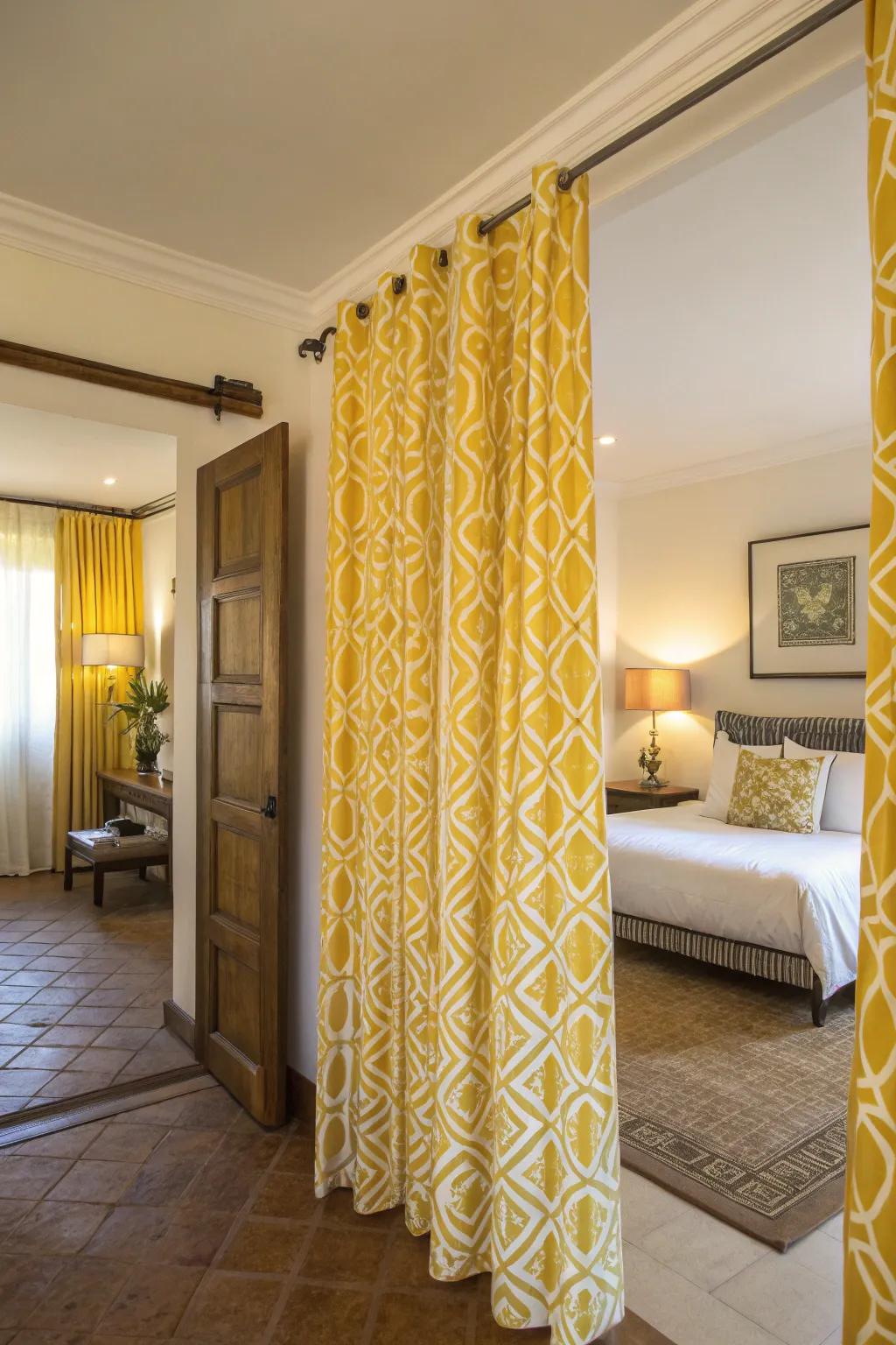 Patterned yellow curtains infuse personality and texture into the bedroom decor.