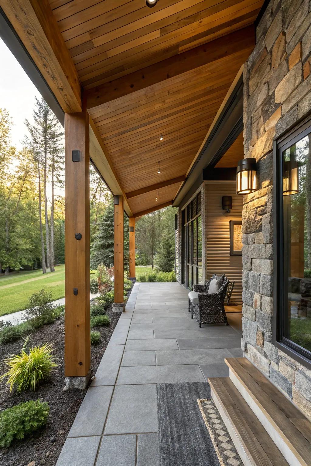 Natural elements infuse warmth into a modern porch.