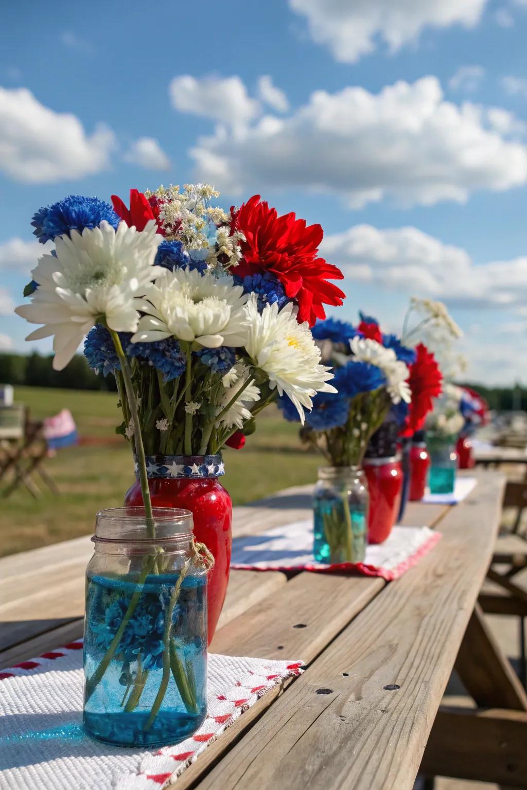 Handmade floral centerpieces contribute a hint of elegance to your picnic setting.