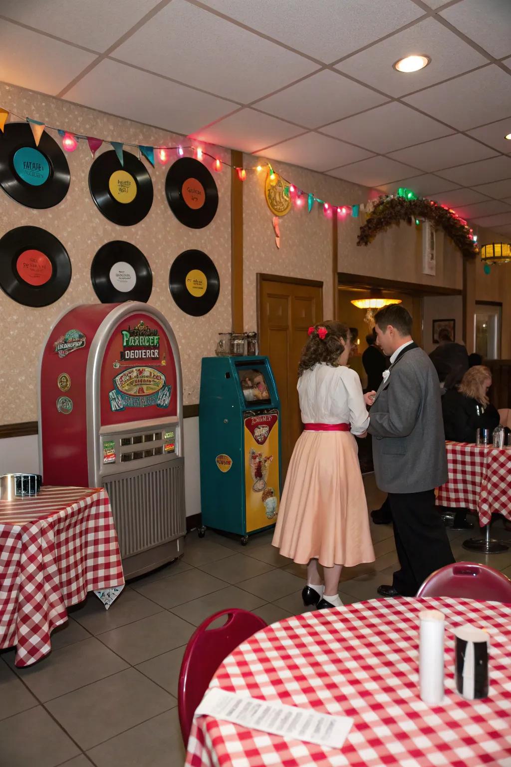 A nostalgic 50s-themed party setting with classic flair.