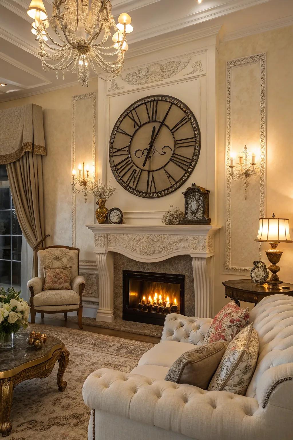 A prominent wall clock functions as both an art piece and a practical item above the fireplace.