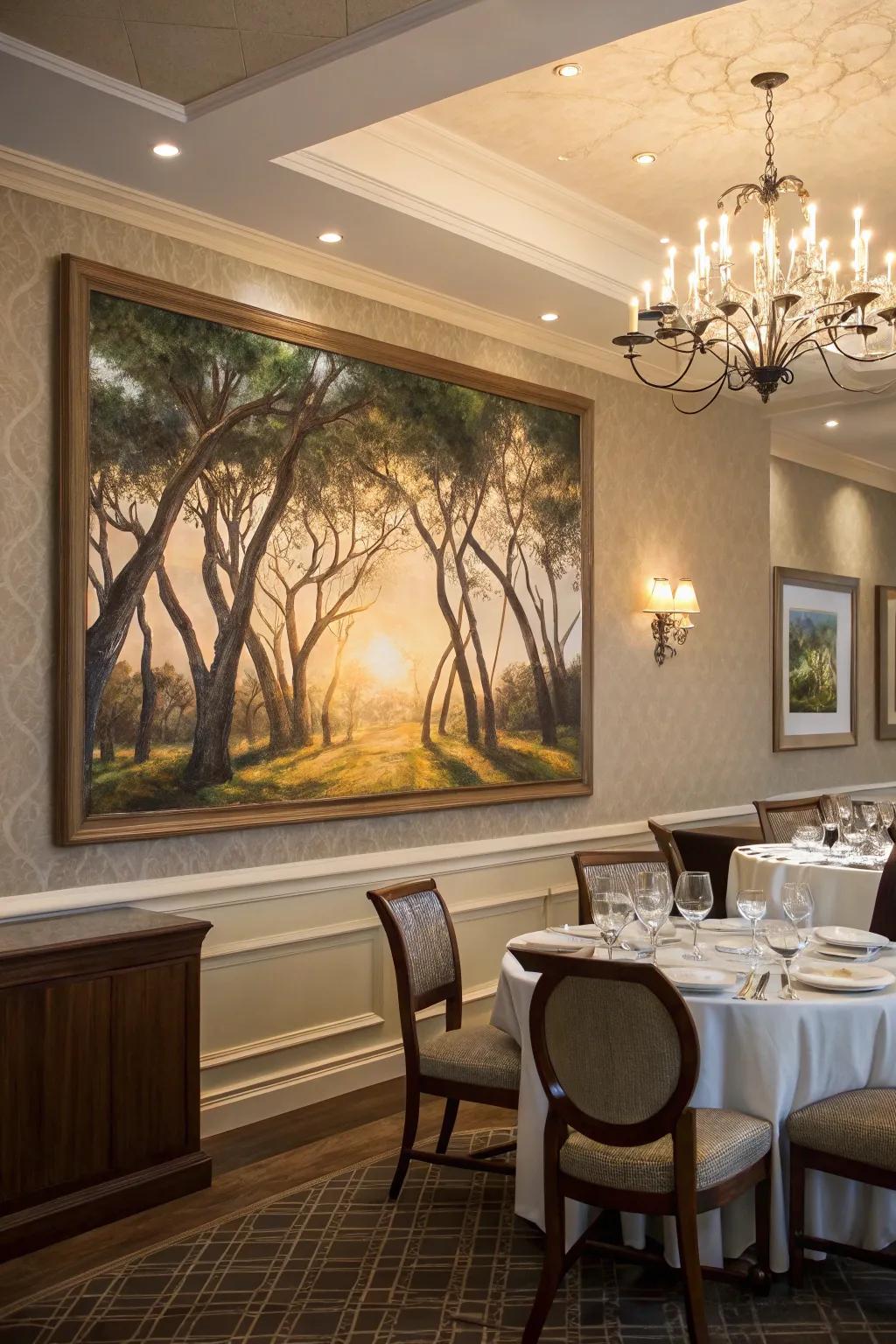 Abstract woodland artwork crafting a whimsical dining ambiance