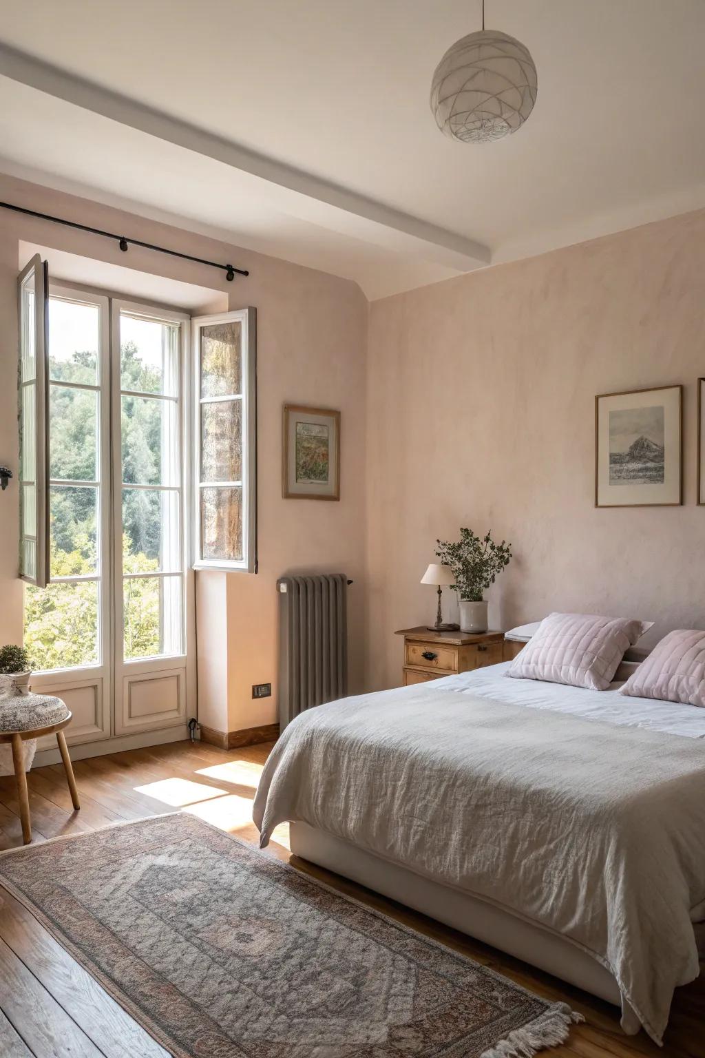 A tranquil bedroom with a soothing pastel accent wall.