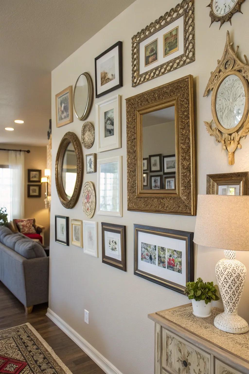 Craft a stunning wall presentation using artistic pieces and mirrors.