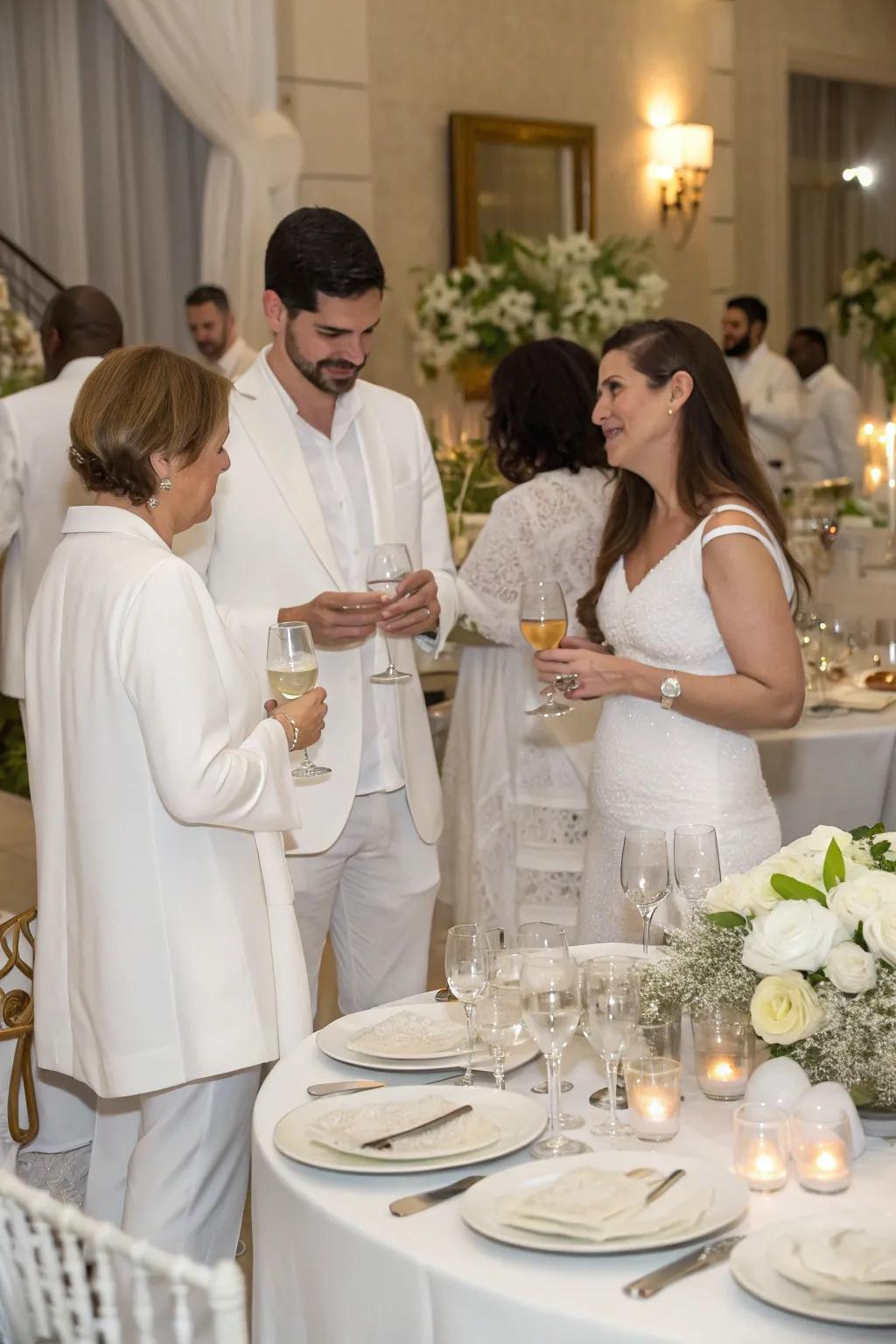 Guests in all-white attire enhance the sophistication of the gathering.