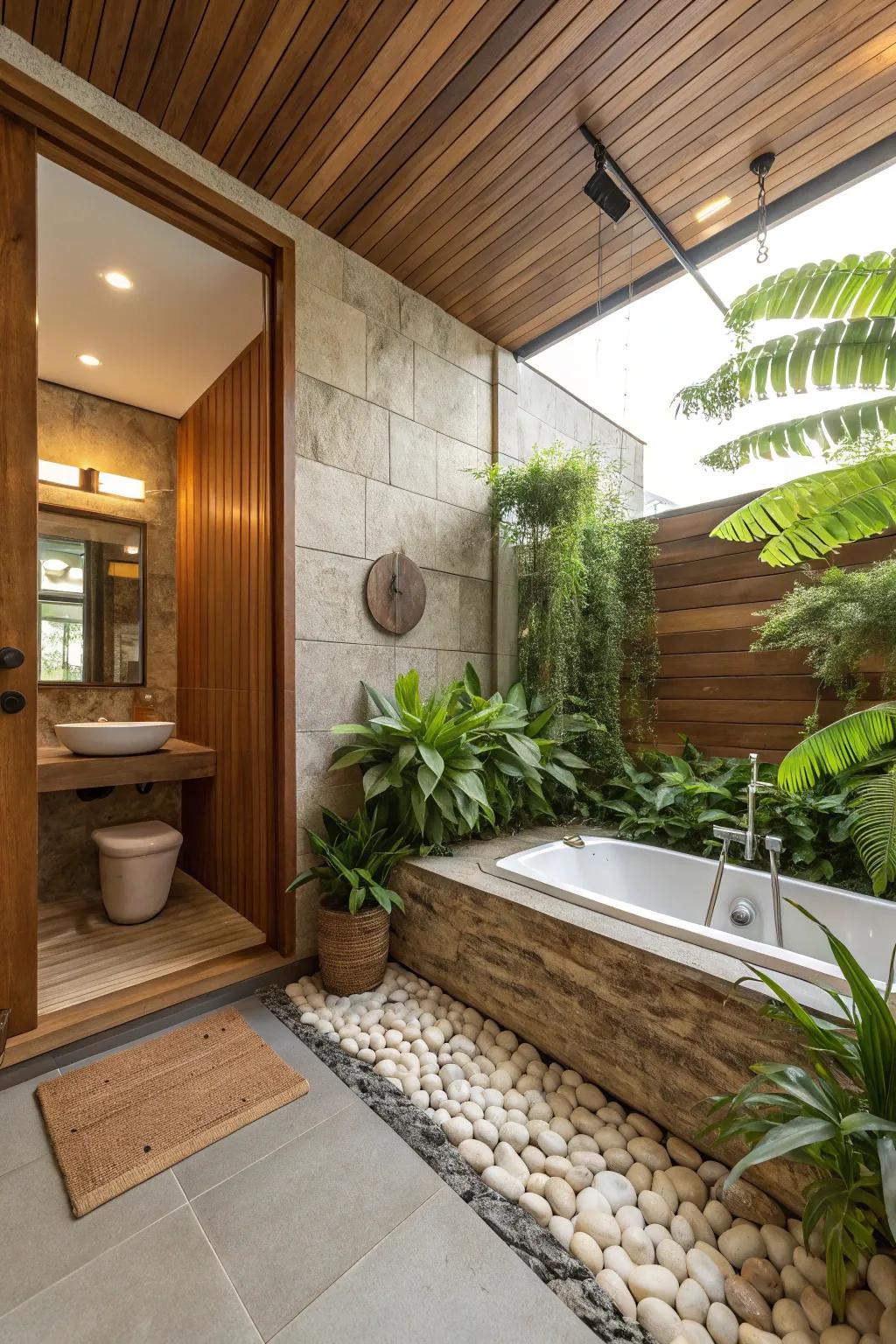 Natural elements create a relaxing and welcoming bathroom setting.