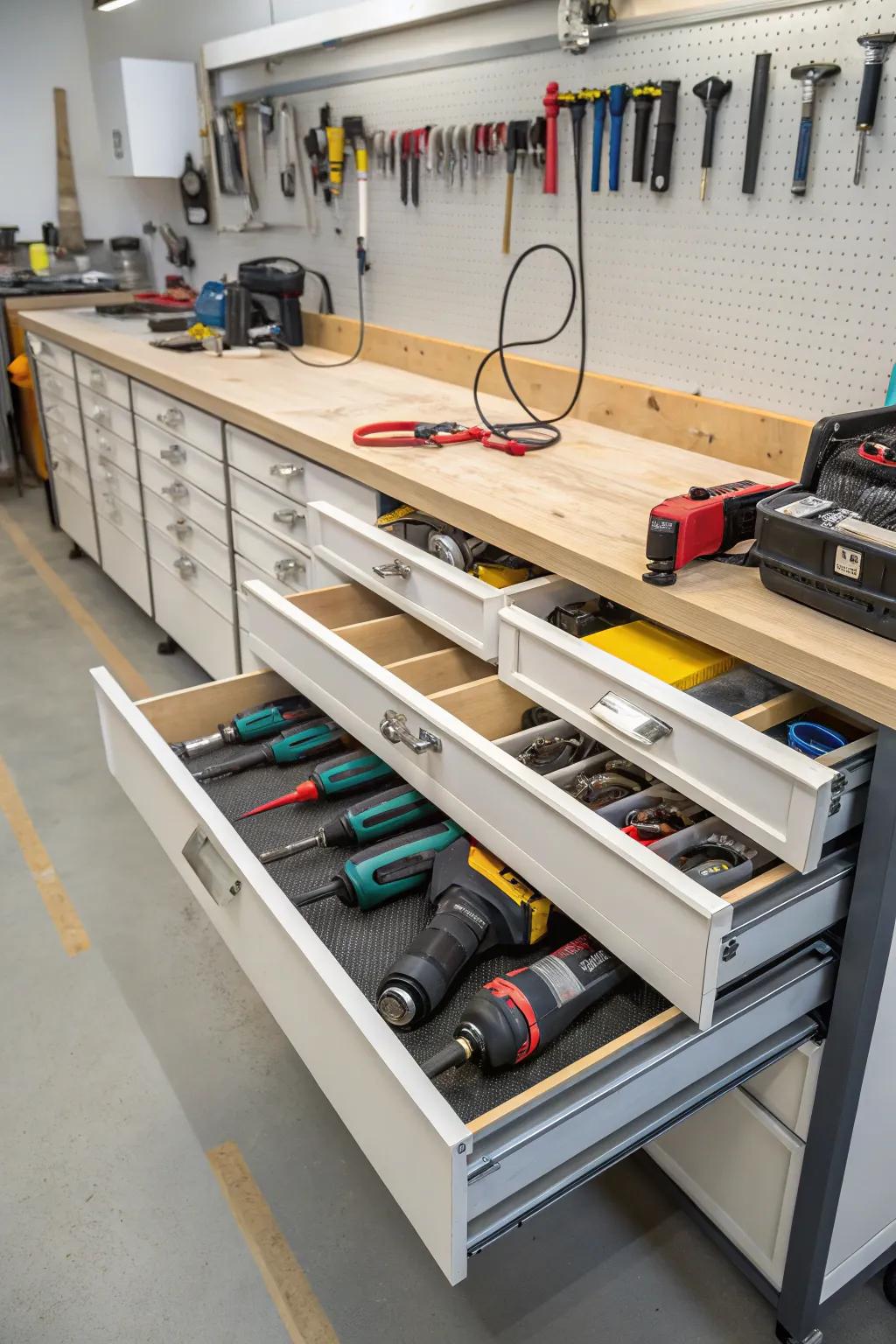 Under-workbench storing keeps angle grinders neatly tucked away yet easy to get to.