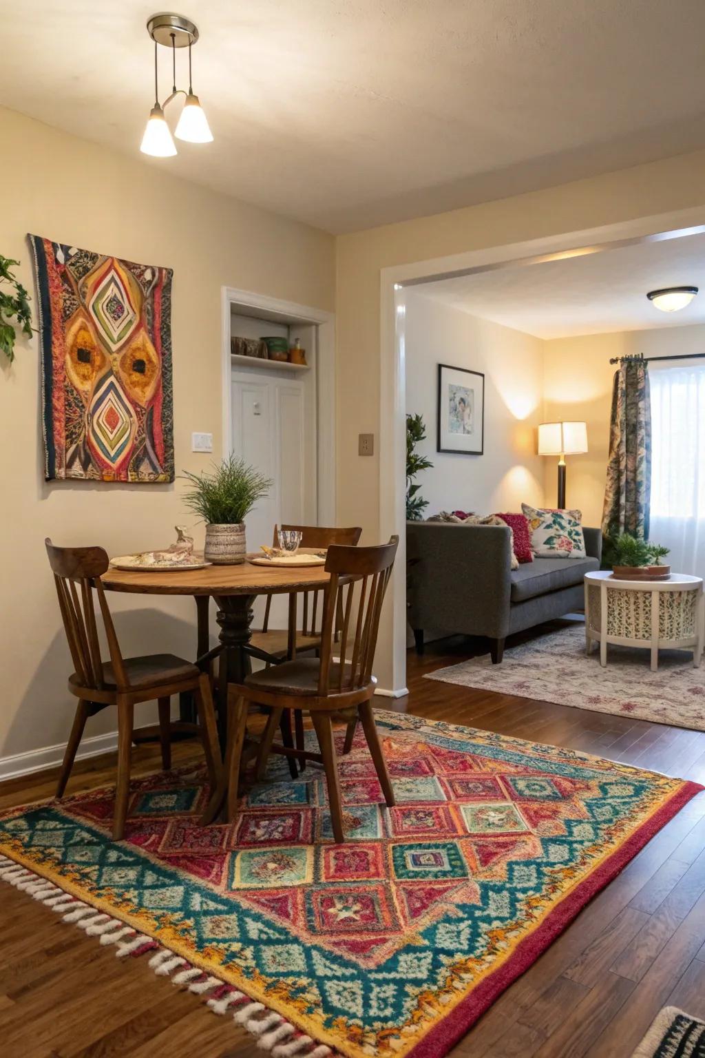 Rugs mark out a clear dining area.