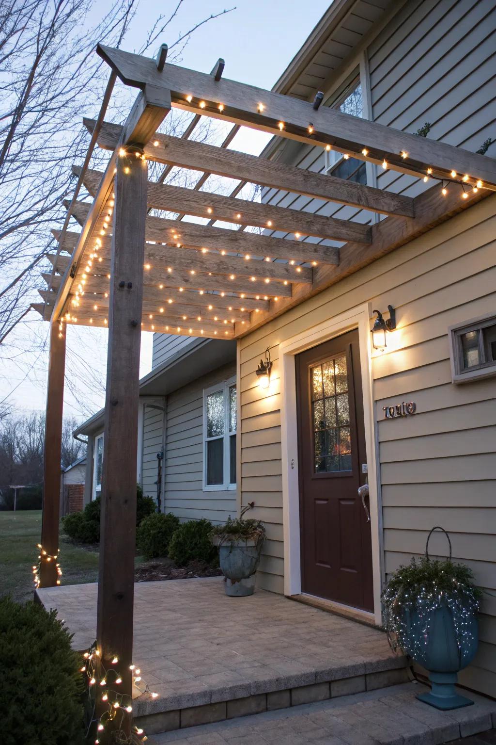 A pergola-inspired arbor featuring beams and string lights, resulting in a sophisticated gateway.