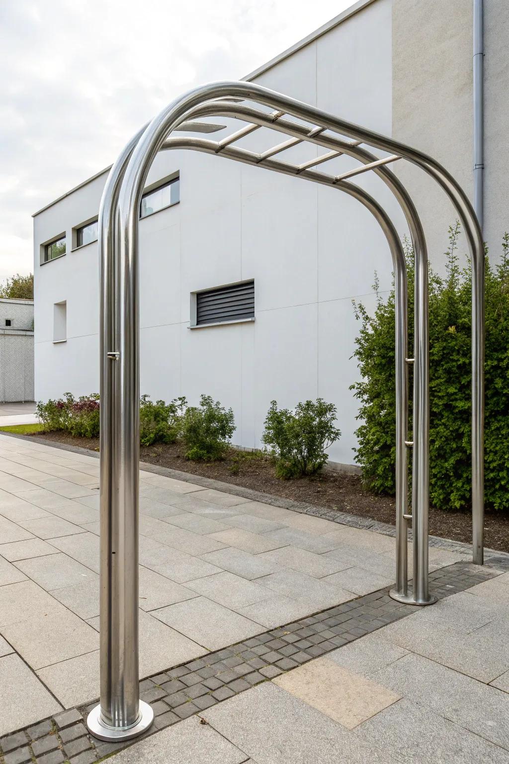 A minimalist arch crafted from metal piping for a spotless, contemporary aesthetic.