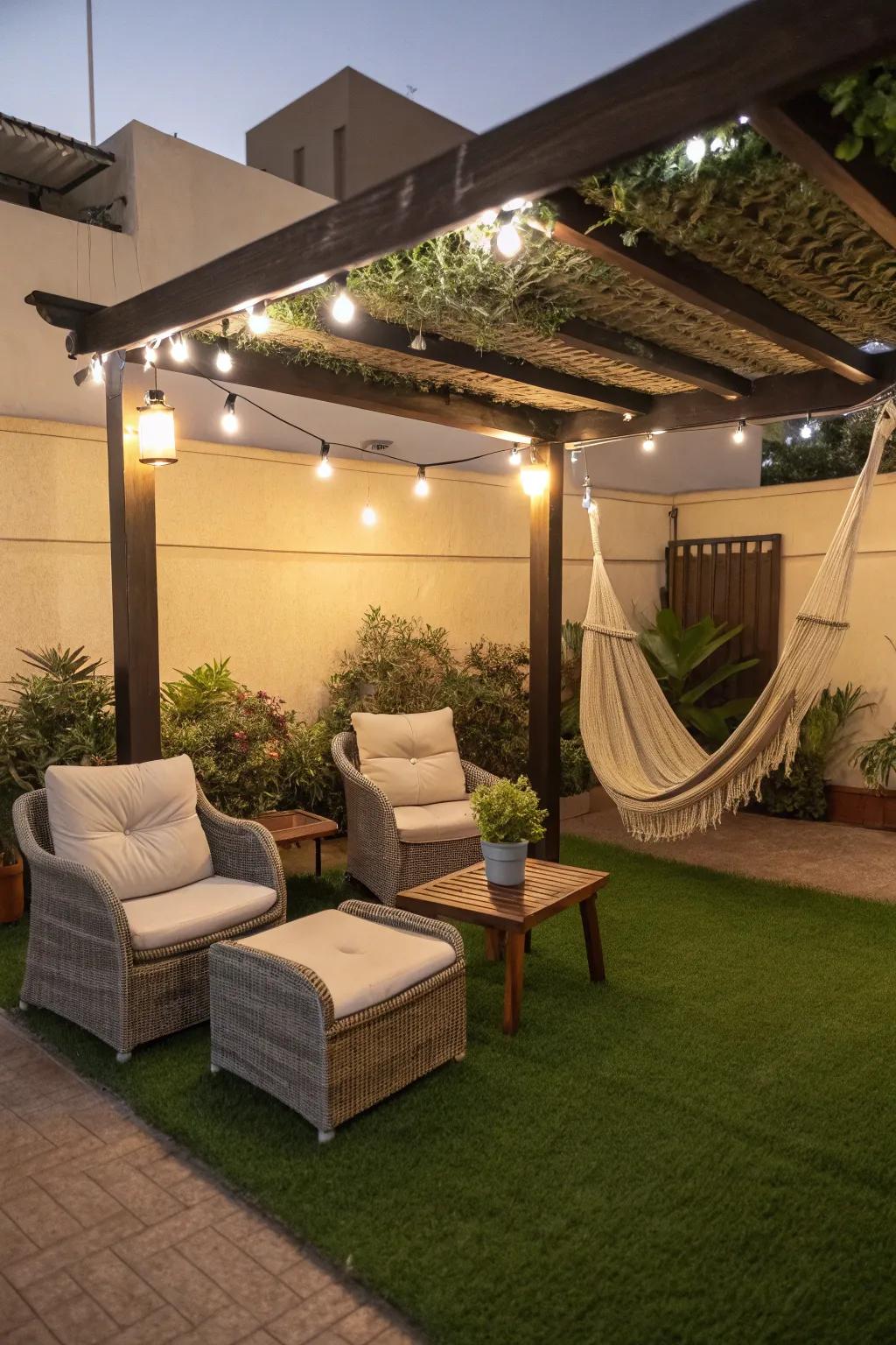 Unwind stylishly within a snug seating zone on artificial grass.