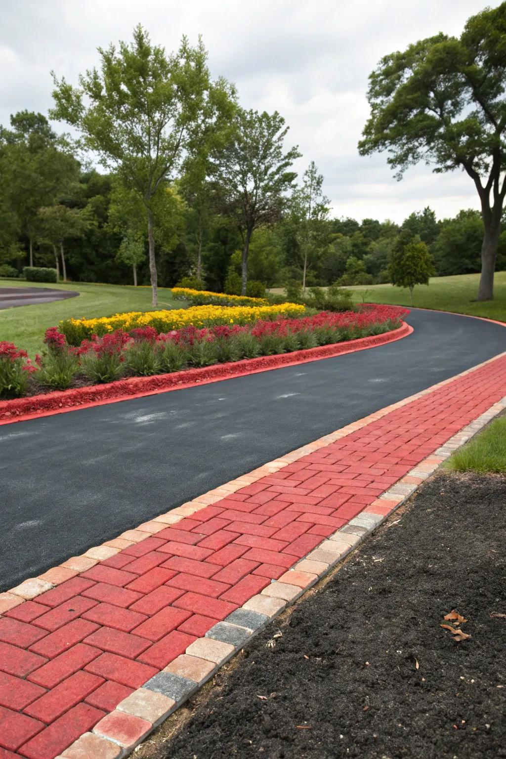 Powerful red pavers strike a brilliant contrast against this asphalt driveway.