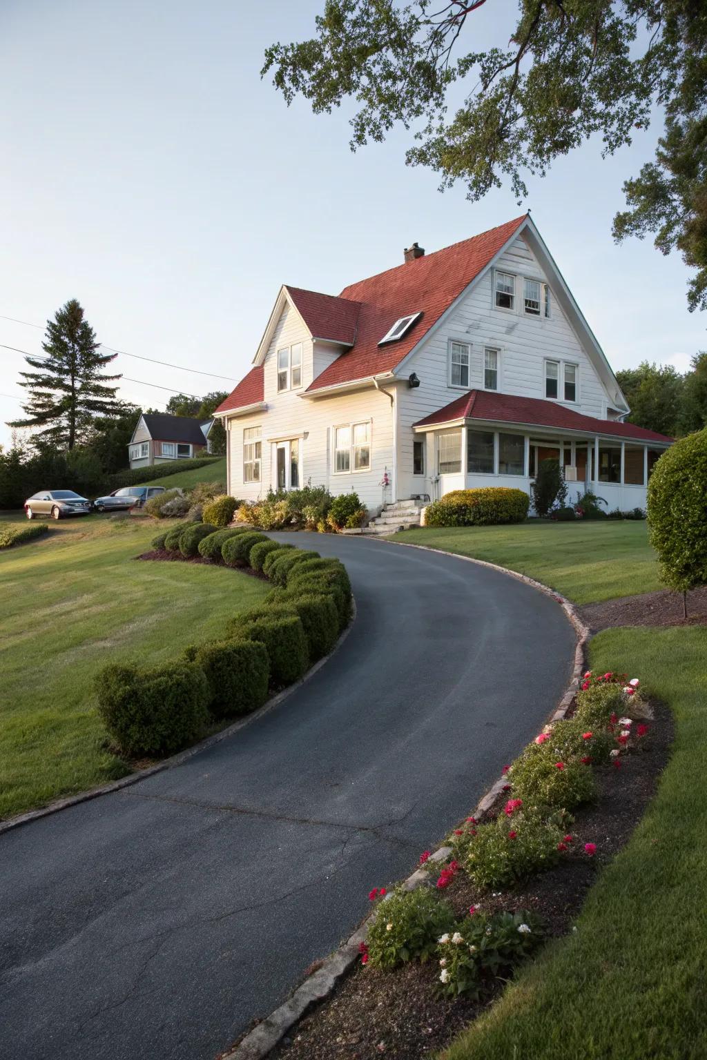 A curving driveway introduces an elegant element to your home.