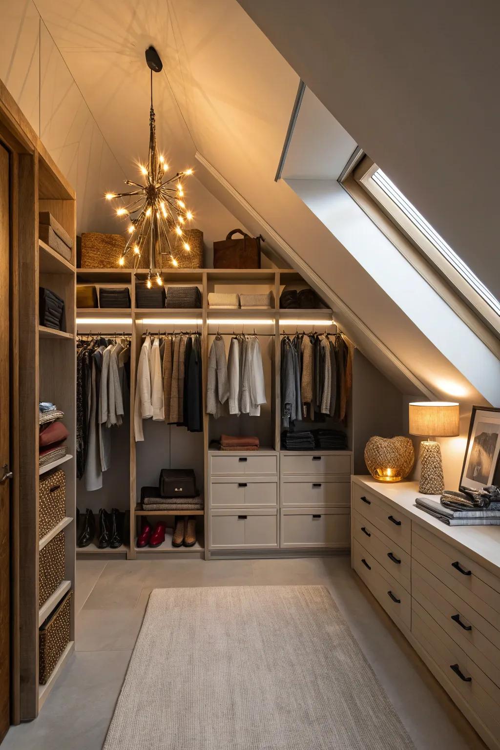Effective lighting converts a shadowy attic into a welcoming closet.