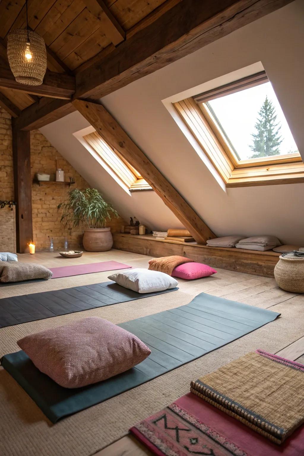 A peaceful area for yoga and meditation in your attic gym.