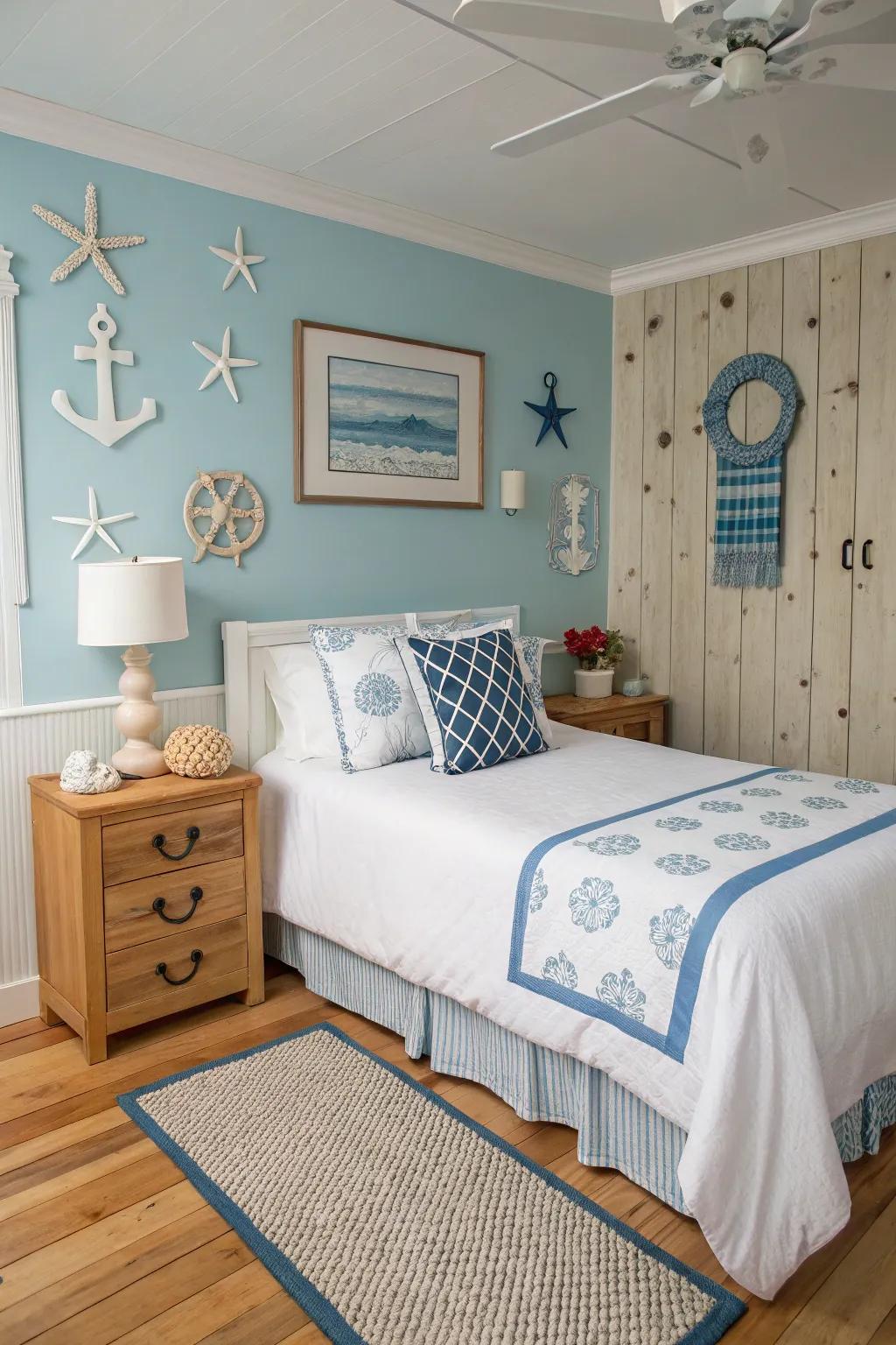A coastal-themed bedroom that brings the tranquility of the sea indoors.