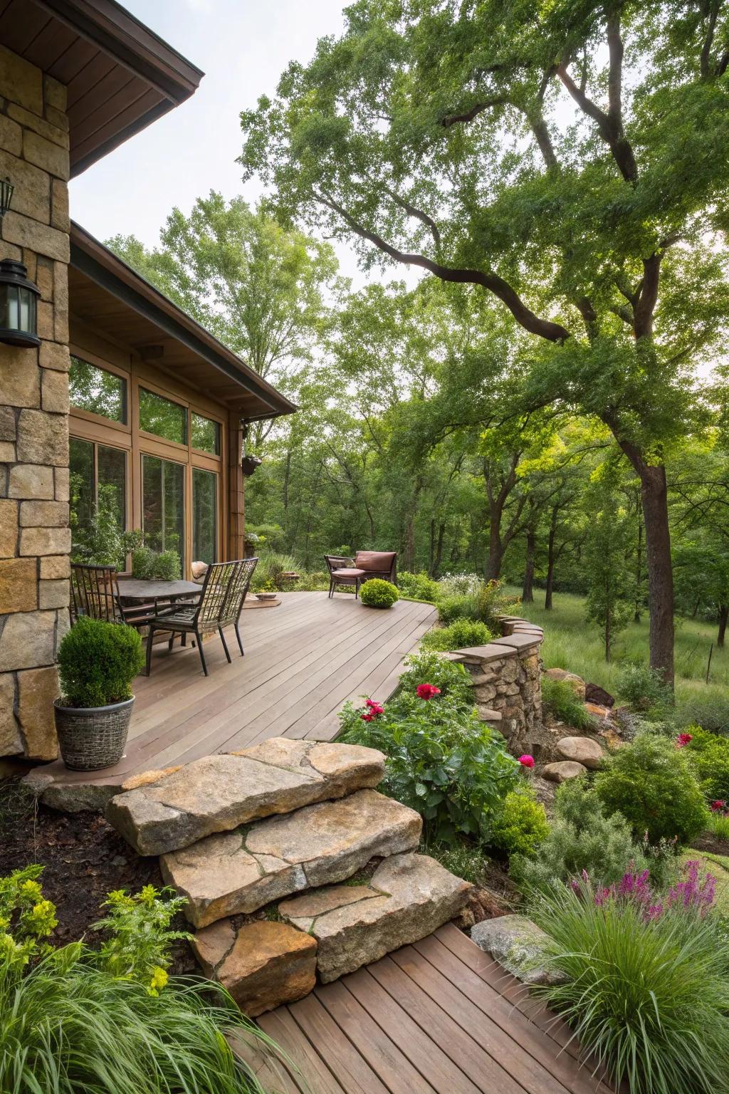 Natural stone embellishments introduce a countryside charm and resilience to your deck.