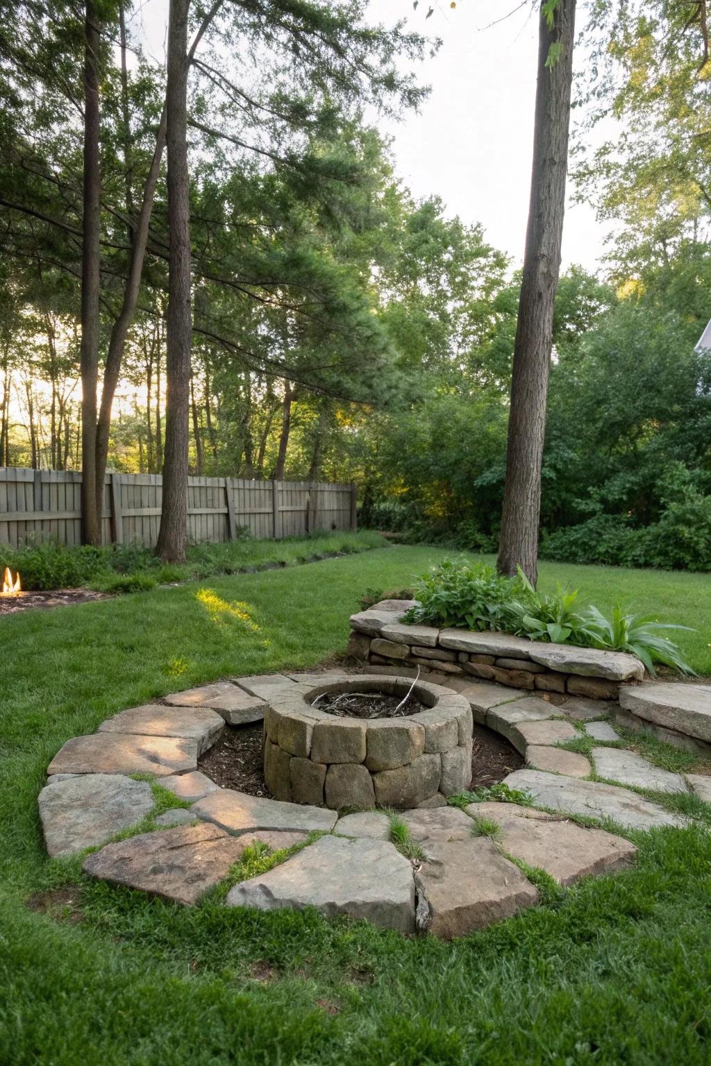 A circular pebble fire pit gives a timeless and organic appearance.