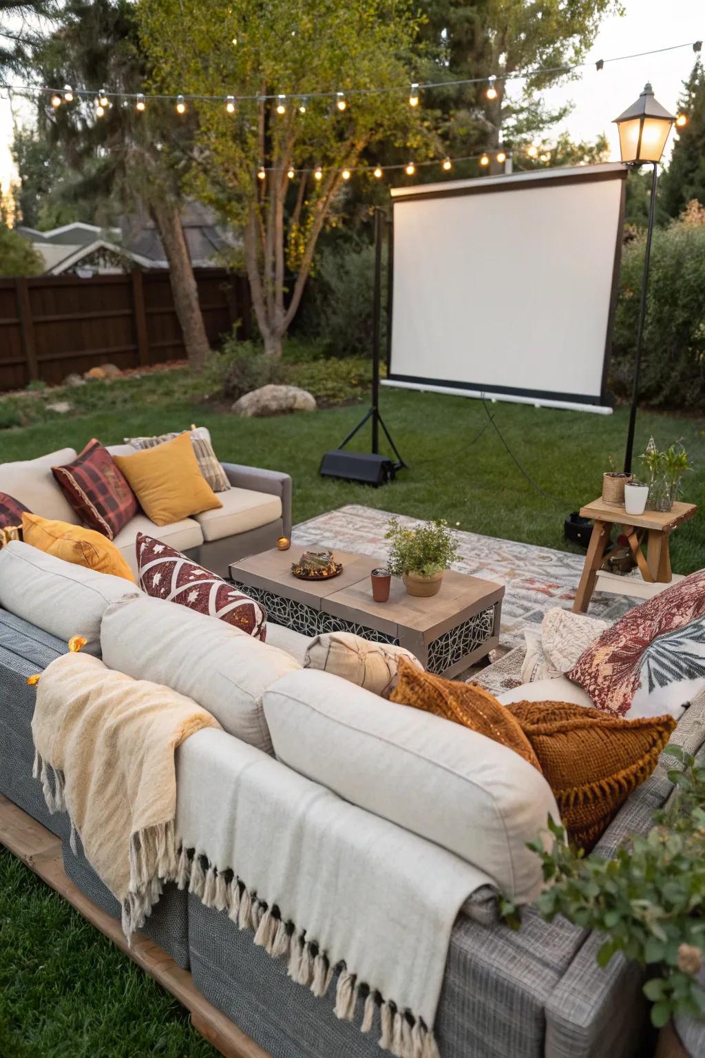 Outdoor sofas and sectionals make for an elegant and cozy movie night.