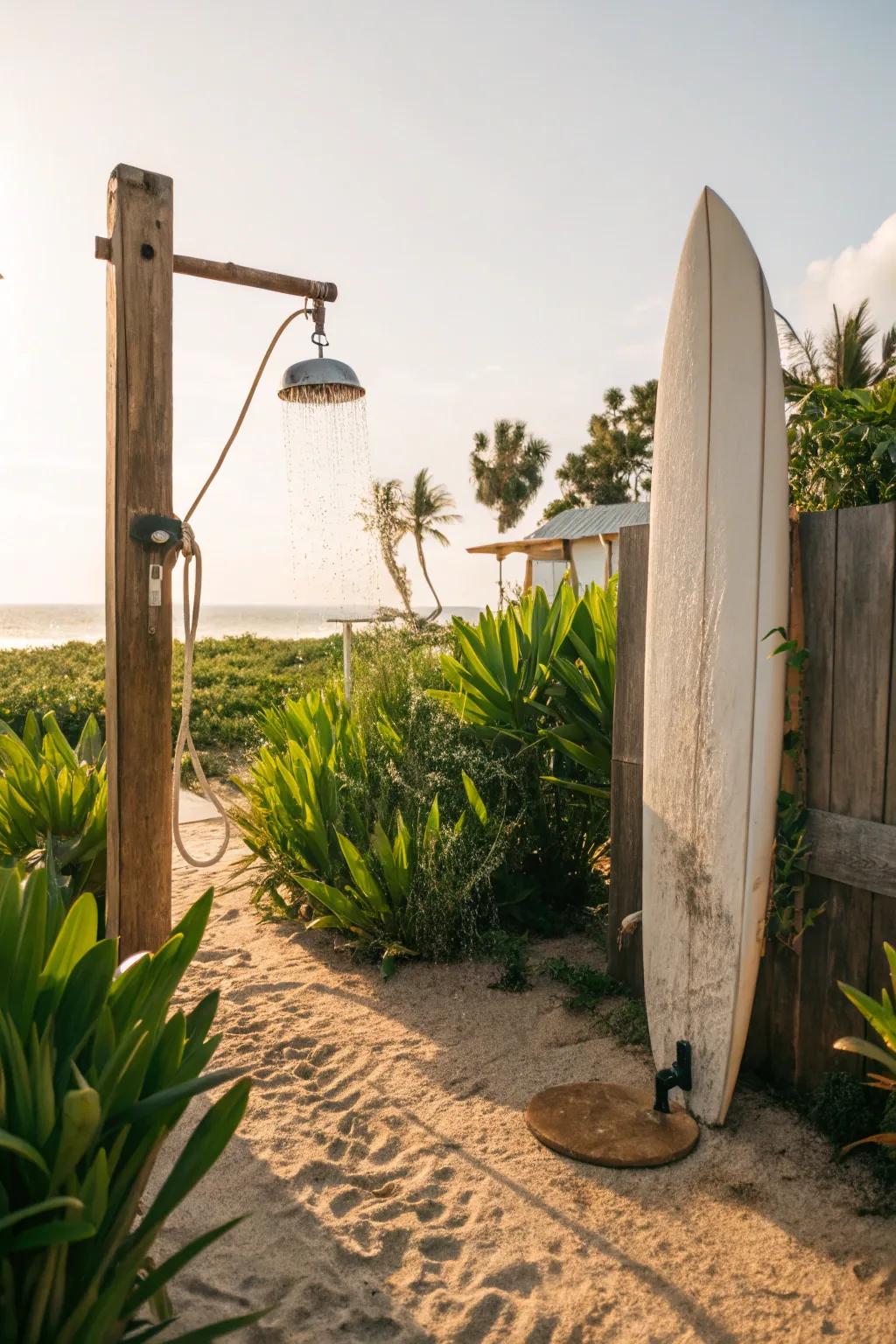 A seaside-inspired outdoor rinsing station with a surfboard backdrop.