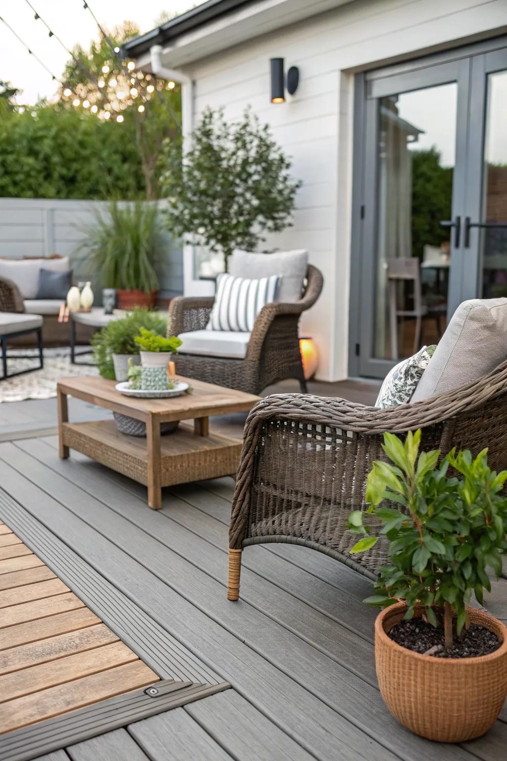 Composite decking marries resilience with beauty for a low-maintenance patio.