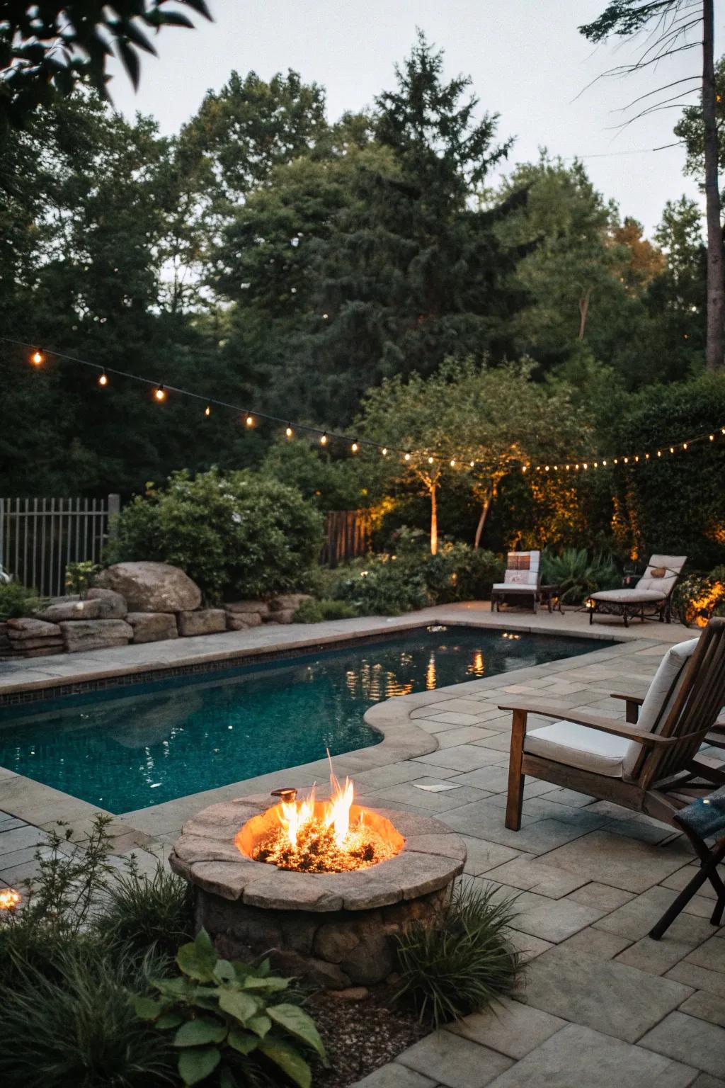 A cozy pool setting with a fire pit for evening get-togethers.