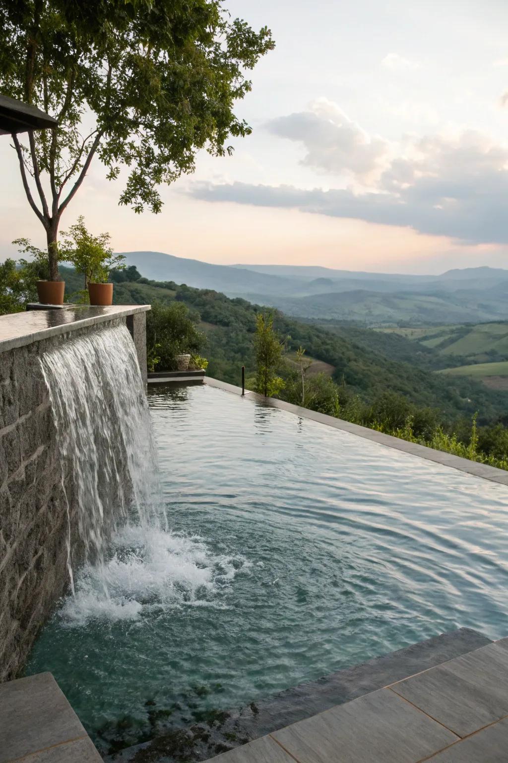 An infinity edge waterfall seamlessly integrates your pool with the environment.