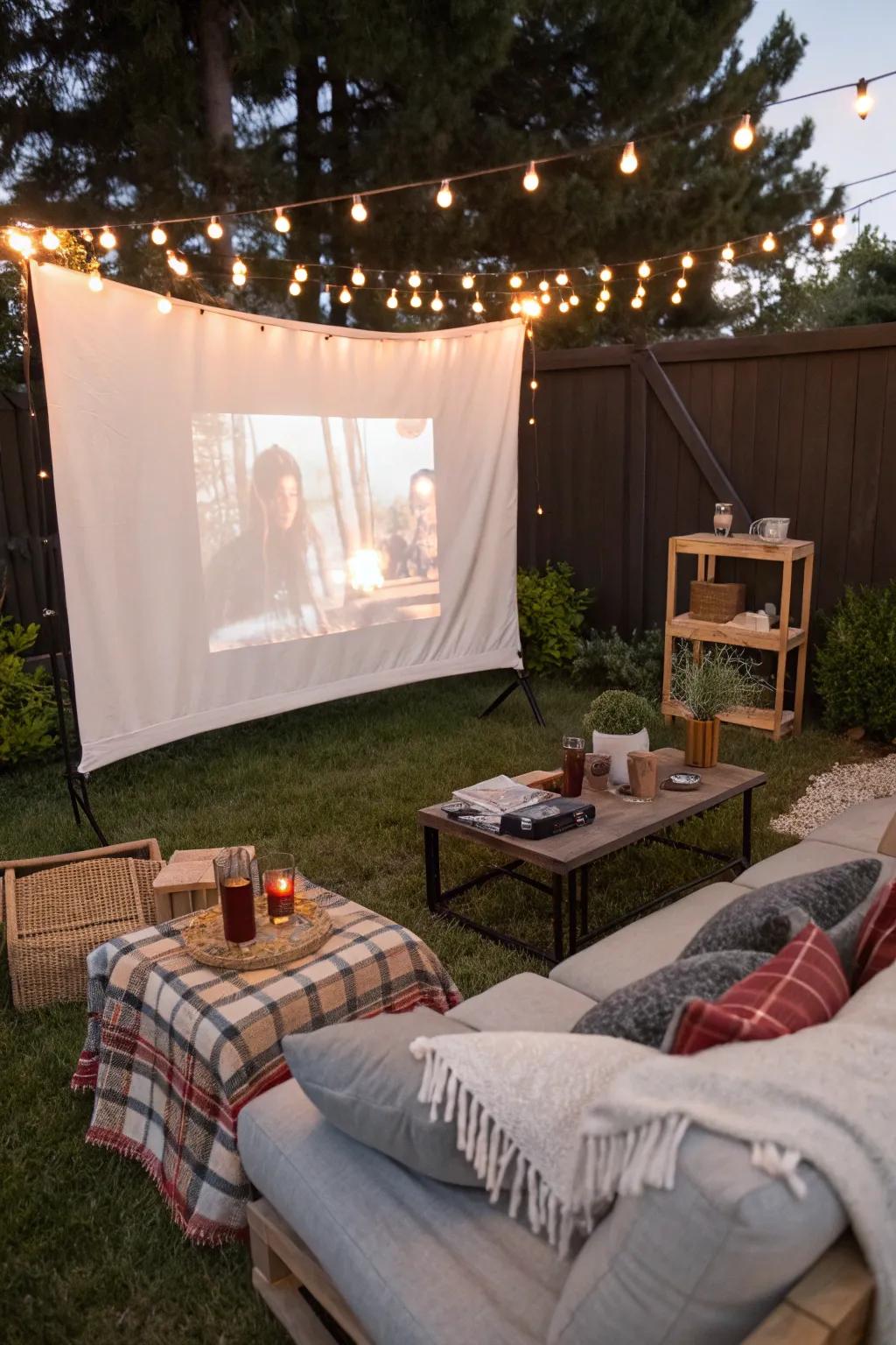 An appealing open-air film viewing arrangement beneath the stars, creating a sense of wonder.