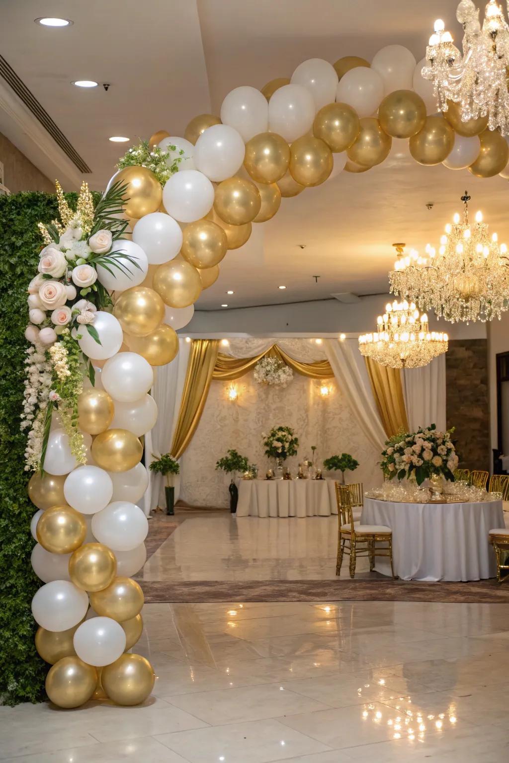 An exquisite gilded and pale balloon gateway for formal festivities.