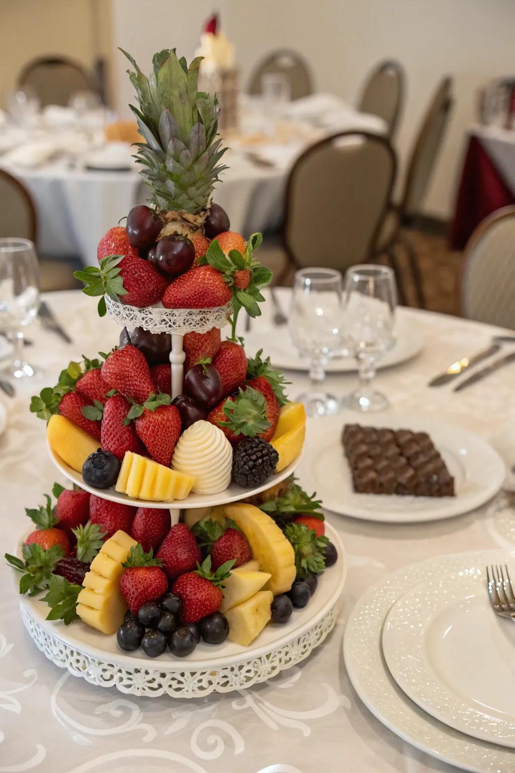 An enticing edible centerpiece with fruits and chocolates.