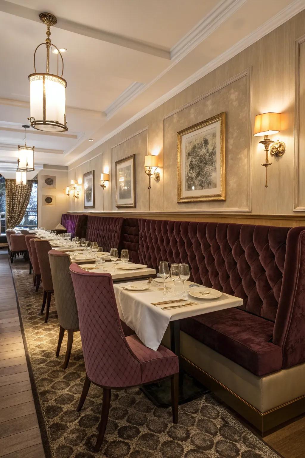 Elegant banquette seating features velvet upholstery, adding a touch of luxury.