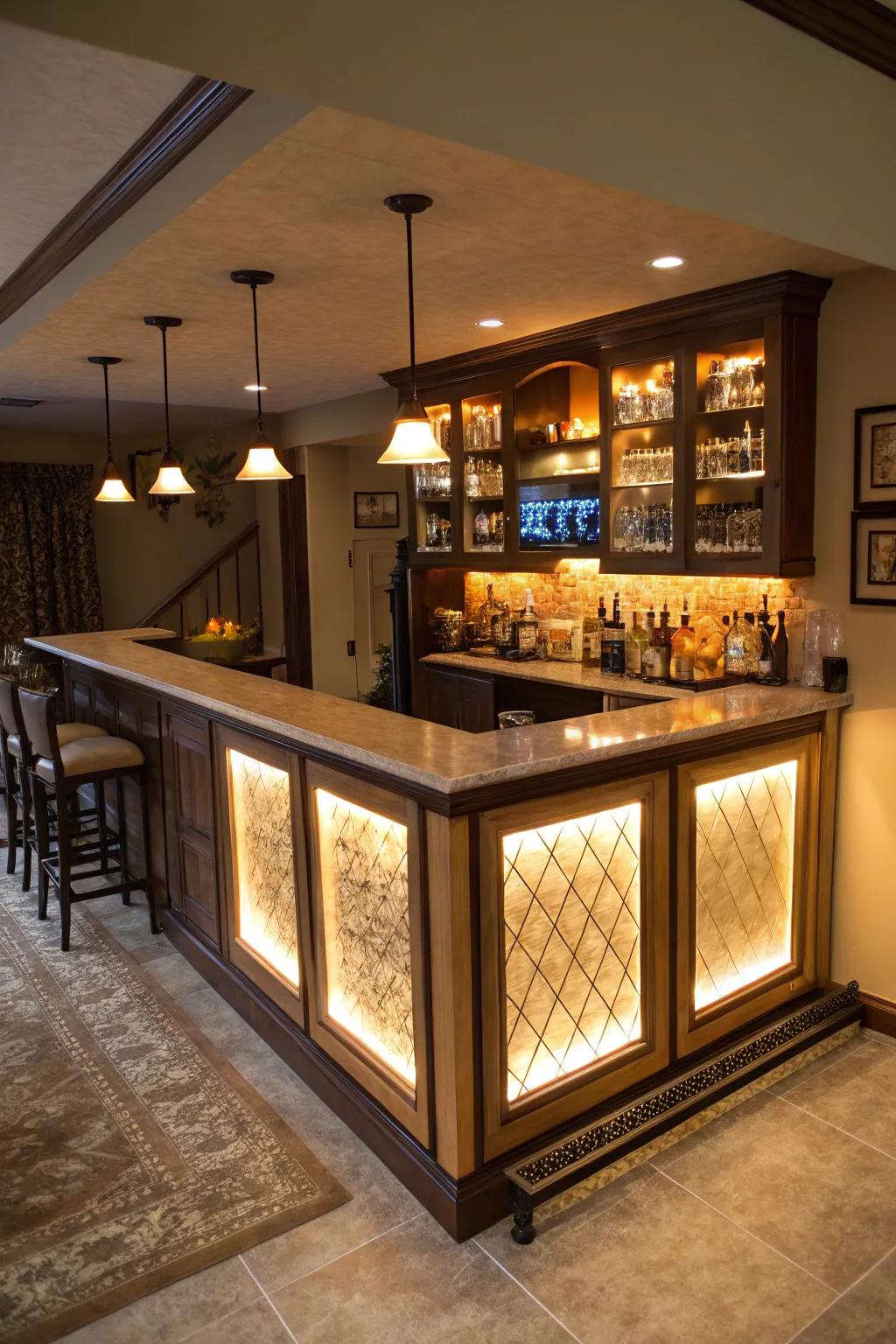 Backlit panels create a captivating and elegant bar environment.