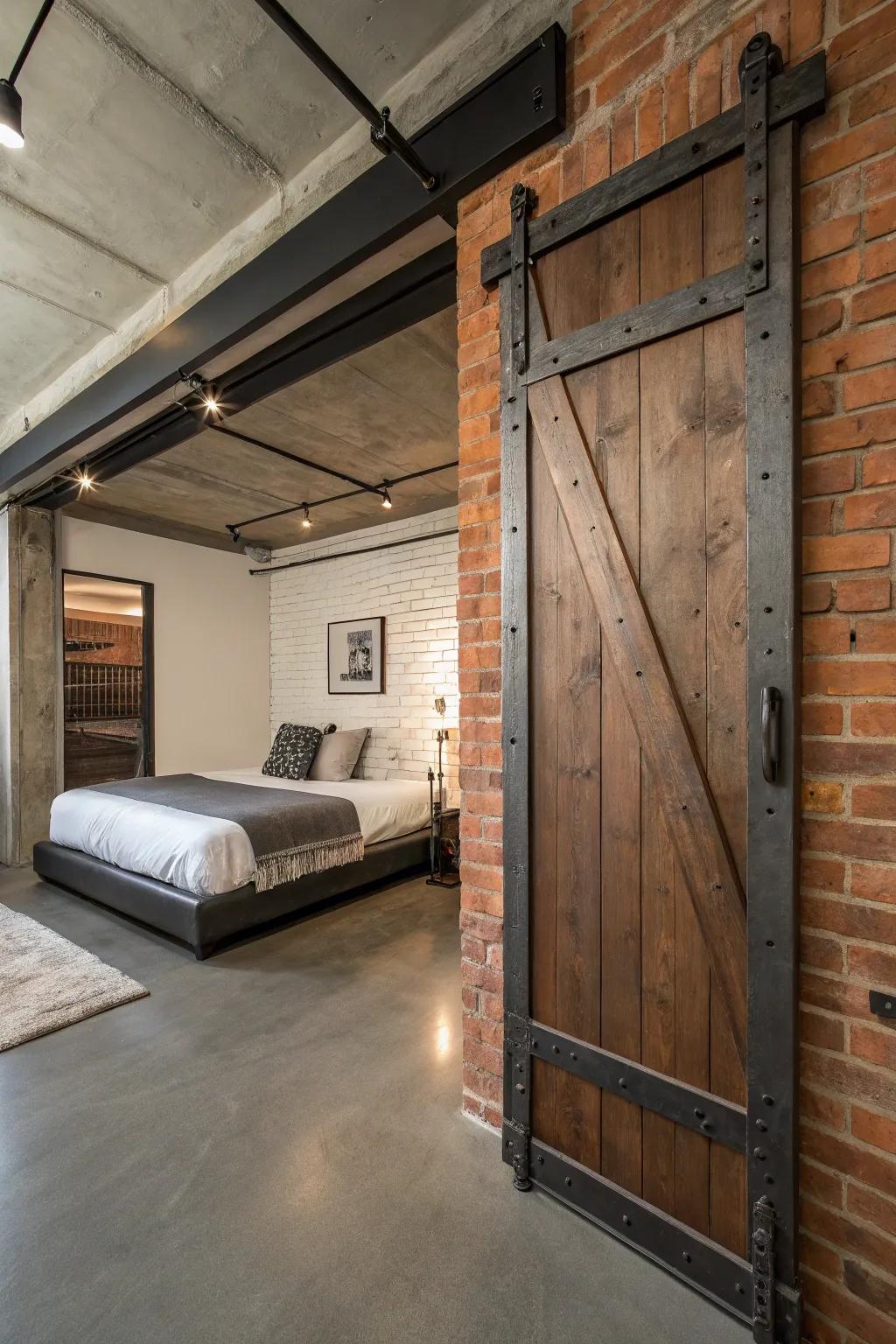 An industrial-themed bedroom highlighting a gate adorned with steel features.