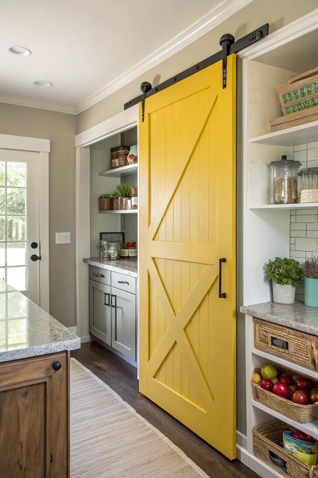 A kitchen showcasing a brightly painted sliding barn door pantry.