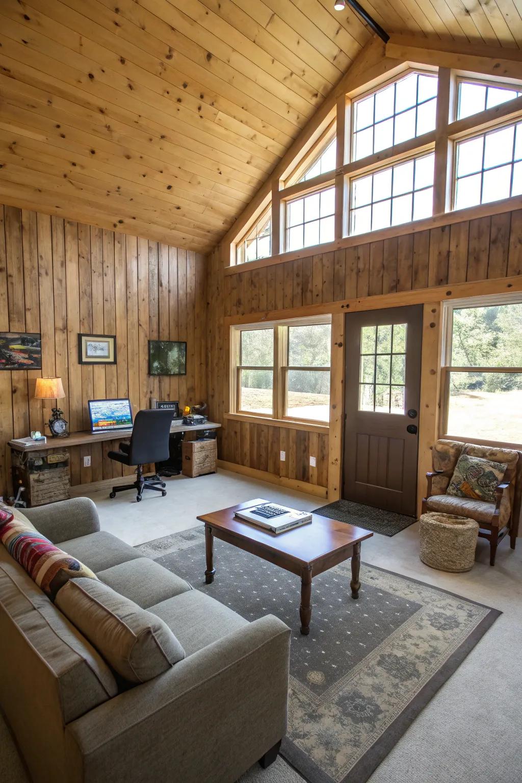 This flexible area serves as both a cozy living room and a useful home office.