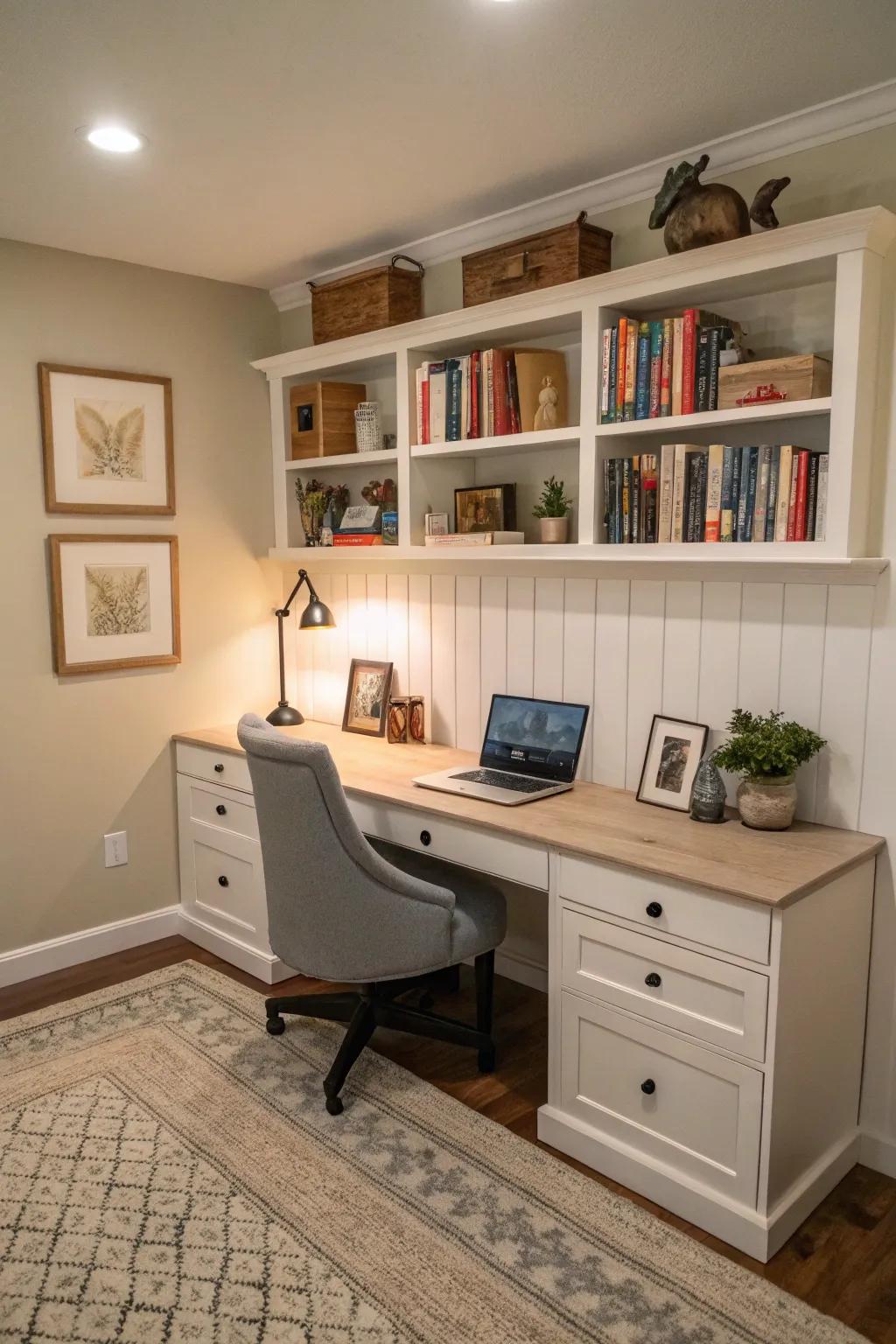 Home office with DIY baseboard trim matching the walls.