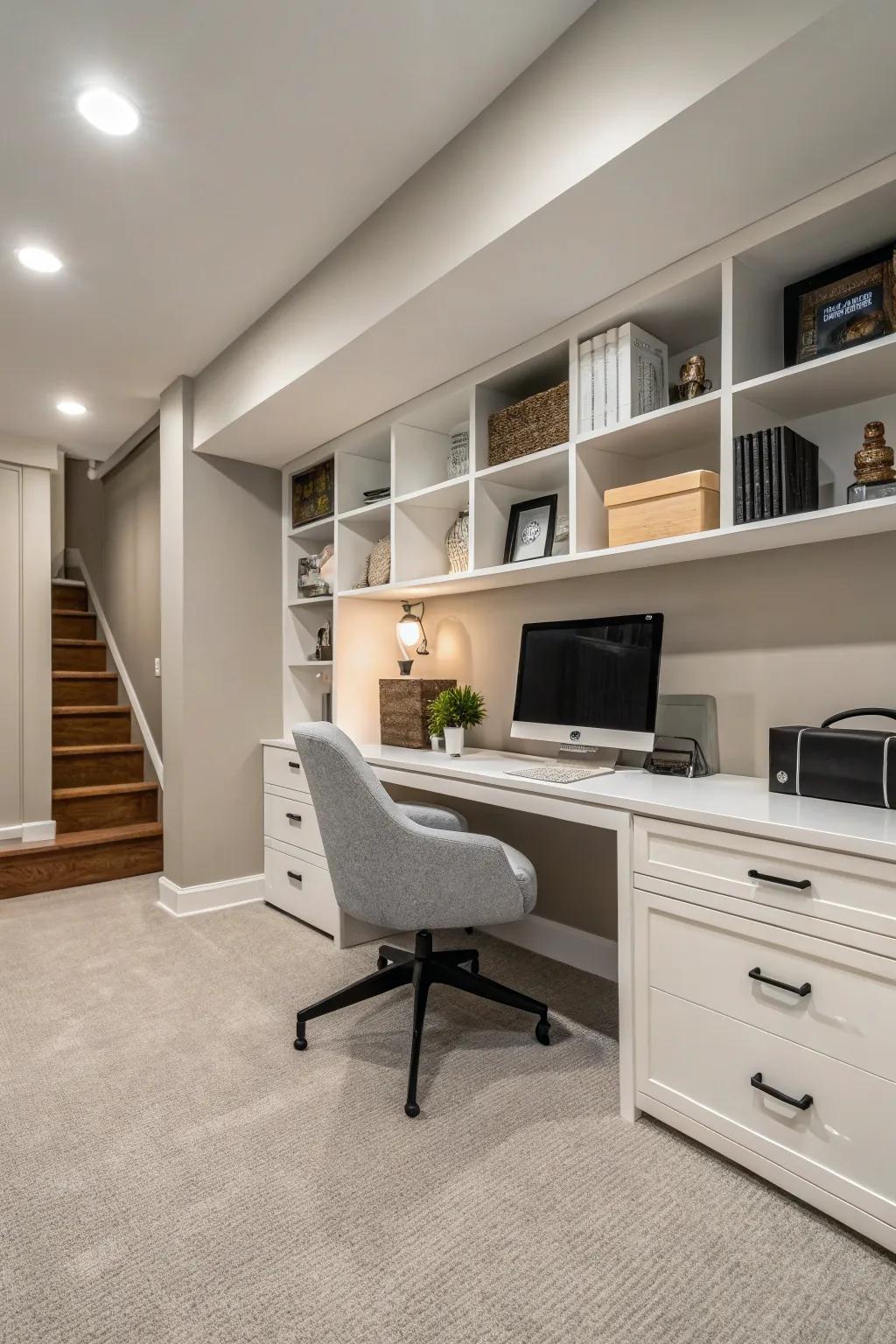Uncluttered furniture helps maintain a serene and orderly basement office.