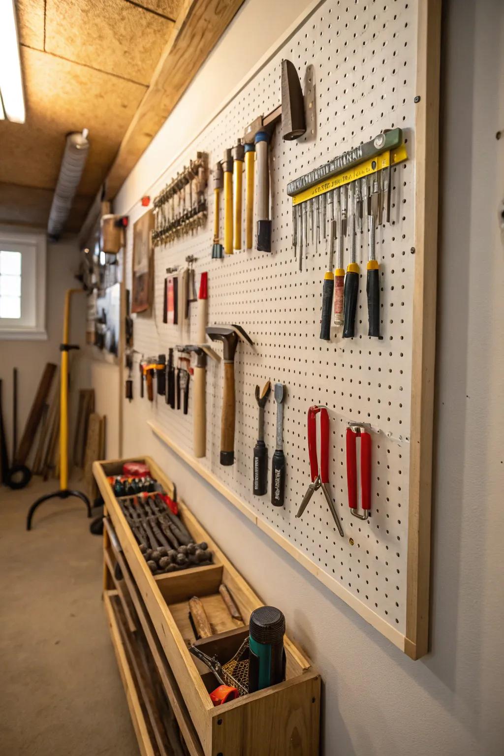 Pegboards offer a useful storage solution for tools.
