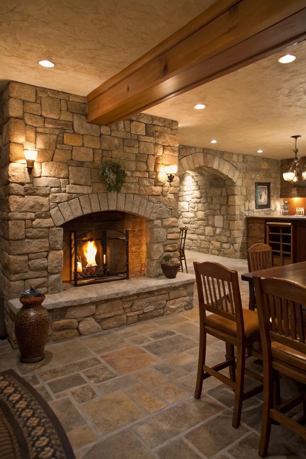 Stone panels give a basement setting a warm, rustic feel.